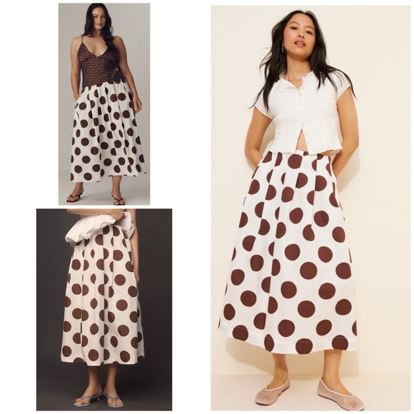 Anthropologie Dresses & Skirts - NWT Anthro Maeve Cotton Poplin Pleated Cream and Brown Polka Dot Midi Skirt XS